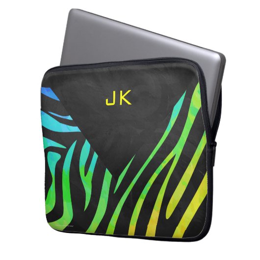 Monogram Zebra Black und Regenbogen Print Laptopschutzhülle (Vorderseite Links)