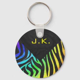 Monogram Zebra Black und Regenbogen Print Schlüsselanhänger
