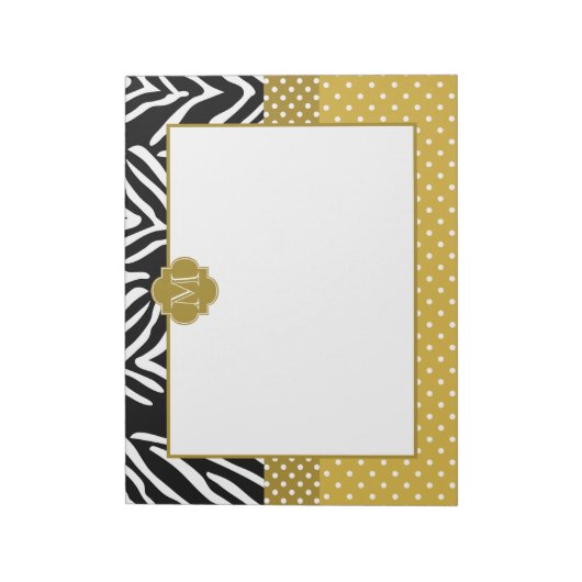 Monogram Zebra mit Gold Polka Dot Pattern Notizblock (Rotiert)