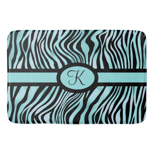 Monogram Zebra print Schwarz und Aquamarin Türkis Badematte (Vorderseite)