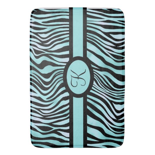 Monogram Zebra print Schwarz und Aquamarin Türkis Badematte (Vorderseite Vertikal)