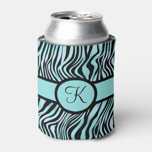 Monogram Zebra print Schwarz und Aquamarin Türkis Dosenkühler (Kanne Vorderseite)