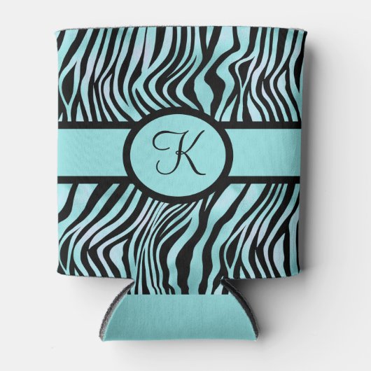 Monogram Zebra print Schwarz und Aquamarin Türkis Dosenkühler (Vorderseite)