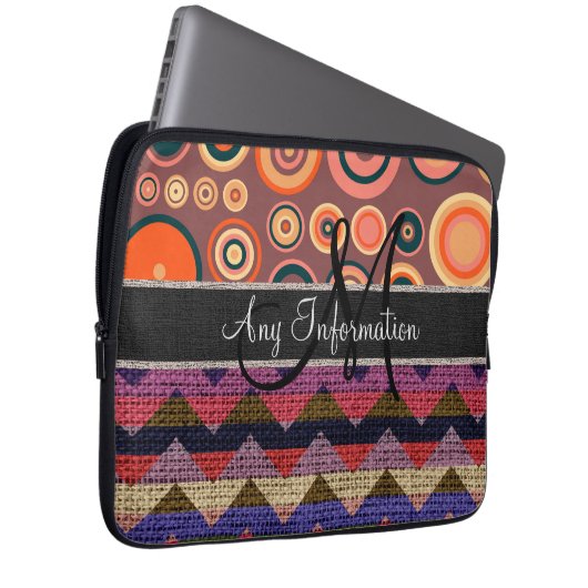 Monogram Zickzack Zigzag Burlap Jute Circles Laptopschutzhülle (Vorne Rechts)