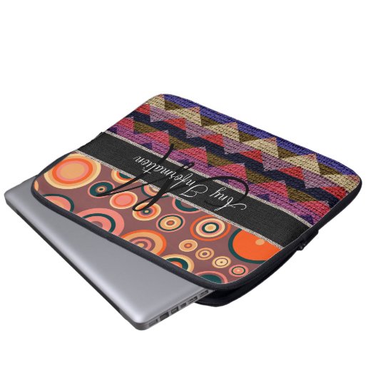 Monogram Zickzack Zigzag Burlap Jute Circles Laptopschutzhülle (Vorne Knopf)