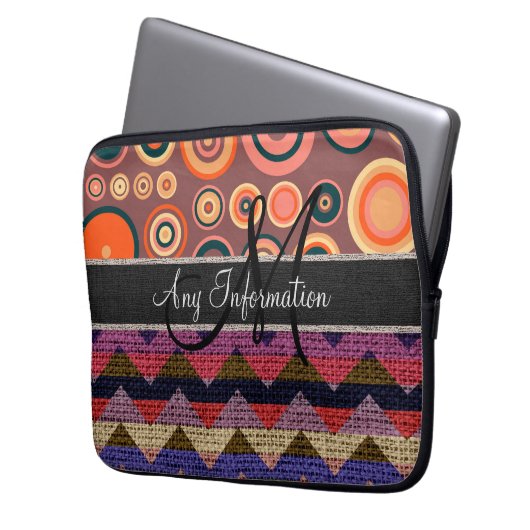 Monogram Zickzack Zigzag Burlap Jute Circles Laptopschutzhülle (Vorderseite Links)