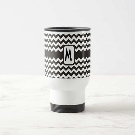 Monogram Zigzag Travel Mug: Schwarze, weiße Chevro Reisebecher (Mittel)
