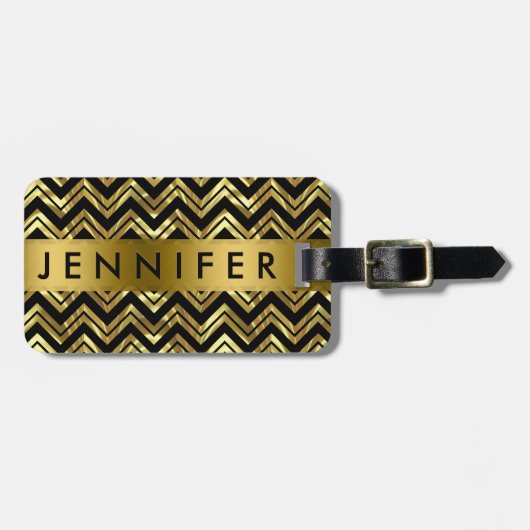 Monogramc Metallic Gold Zigzag Zickzack Muster Gepäckanhänger (Vorderseite horizontal)