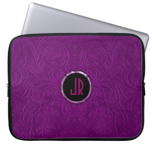 Monogramed Deep Lila Sleder Leder Leder Blumendesi Laptopschutzhülle
