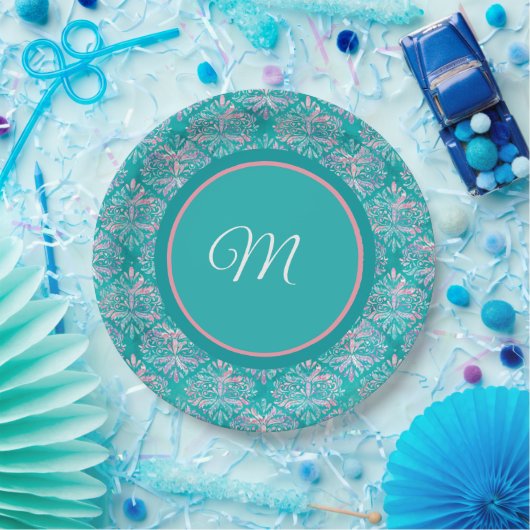 Monogramed Teal Pattern Napkins Pappteller (Party)