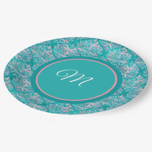 Monogramed Teal Pattern Napkins Pappteller (Schrägansicht)