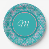 Monogramed Teal Pattern Napkins Pappteller (Vorderseite)