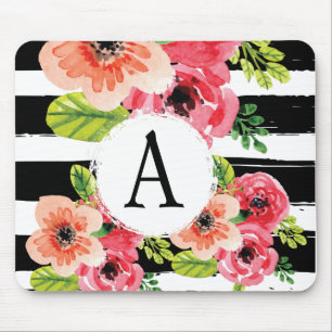 Monogramed Watercolor-Blumen- u. Schwarz-weiße Mousepad