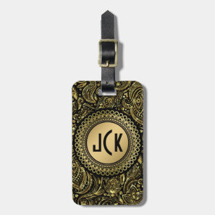 MonogramedBlack & Gold Vintag Floral Paisley Gepäckanhänger