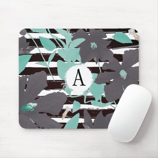 Monogramierter Aquamariner grauer Floral Streifen Mousepad (Mit Mouse)