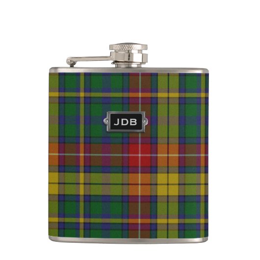 Monogramierter Clan Buchanan Tartan Kariert Flask Flachmann (Vorderseite)