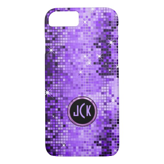 Monogramierter Lila Disco-Ball-Glitzer Case-Mate iPhone Hülle (Rückseite)