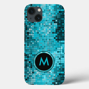 Monogramierter Metallic Turquoise Sequence Glitzer iPhone 13 Hülle