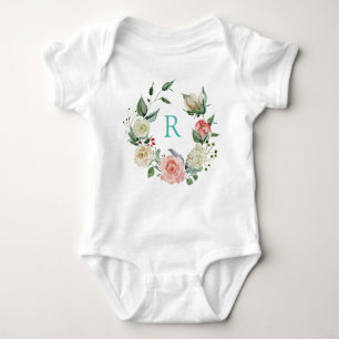 Monogramierter, sehr hübscher Blumenkranz Baby Strampler
