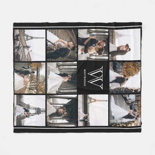 Monogramm 11 Quadrat Foto Rand Schwarz Fleecedecke (Vorderseite (Horizontal))