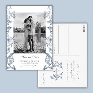 Monogramm 2 Foto Französisch Blau Hochzeit Termin Postkarte