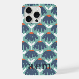 Monogramm 3 Initialen Blau & Rot Vintage Blumenmus iPhone 15 Pro Max Hülle