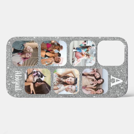Monogramm 6 gerundete Fotolage Silver Glitzer Case-Mate iPhone Hülle (Rückseite (Horizontal))