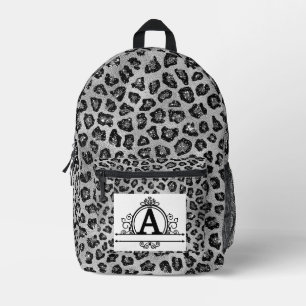 Monogramm A auf Schwarz und Silber Cheetah Print Bedruckter Rucksack