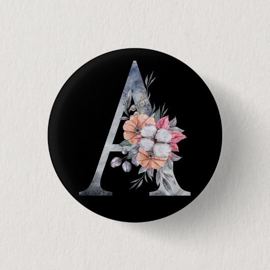 Monogramm A Blumengestaltung in Blau Button (Vorderseite)