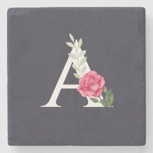 Monogramm A in Weiß Rosa Rose und Blätter Steinuntersetzer