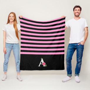 Monogramm A in Weiß Rosa Rose und Blätter Streifen Fleecedecke