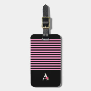 Monogramm A in Weiß Rosa Rose und Blätter Streifen Gepäckanhänger