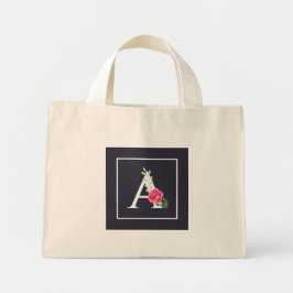 Monogramm A in Weißrosa Rose und Blätter Dunkelgra Mini Stoffbeutel