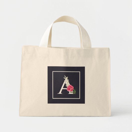 Monogramm A in Weißrosa Rose und Blätter Dunkelgra Mini Stoffbeutel (Vorne)