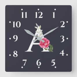 Monogramm A in Weißrosa Rose und Blätter Grau Quadratische Wanduhr
