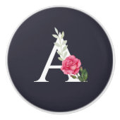 Monogramm A in weißrosa Rose und Blätter Keramikknauf (Vorderseite)