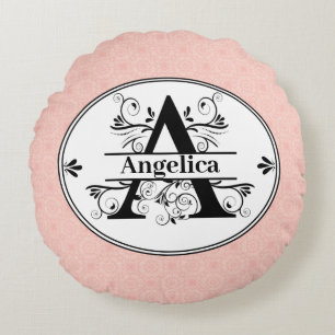 Monogramm A mit hellrosa Muster im Hintergrund Rundes Kissen