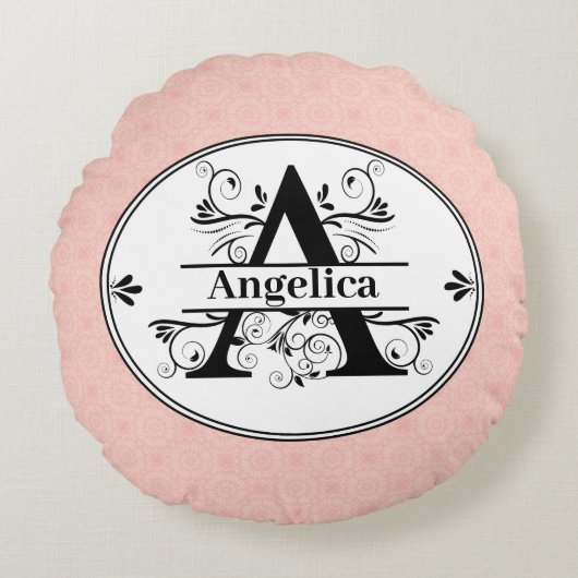 Monogramm A mit hellrosa Muster im Hintergrund Rundes Kissen (Vorderseite)