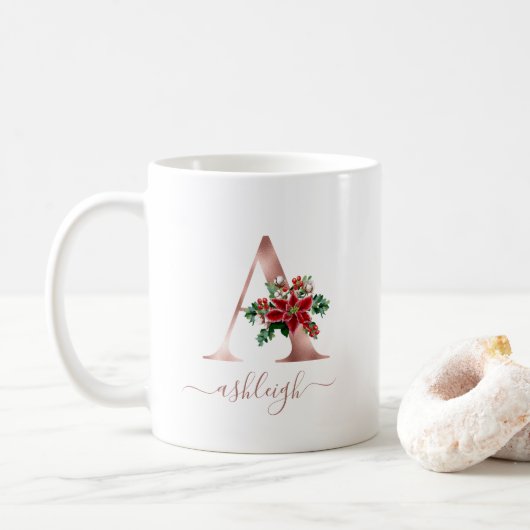 Monogramm A Roségold Weihnachtsstern Schriftzug Kaffeetasse (Mit Donut)