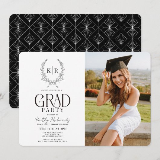 Monogramm-Abschluss-Foto für das schwarze botanisc Einladung (Vorne/Hinten)