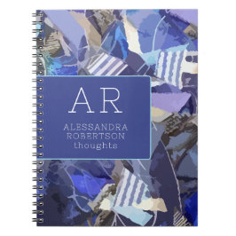 Monogramm abstrakte blaue Navy lila weiße Streifen Notizblock