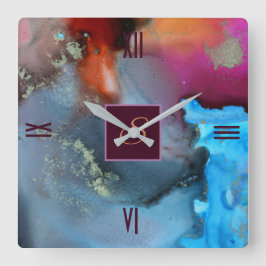 Monogramm Abstrakte Blaurot-orange-Waagen Quadratische Wanduhr