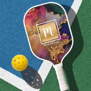 Monogramm Achat Wasserfarbe Gold Lila Grün Blau Pickleball Schläger