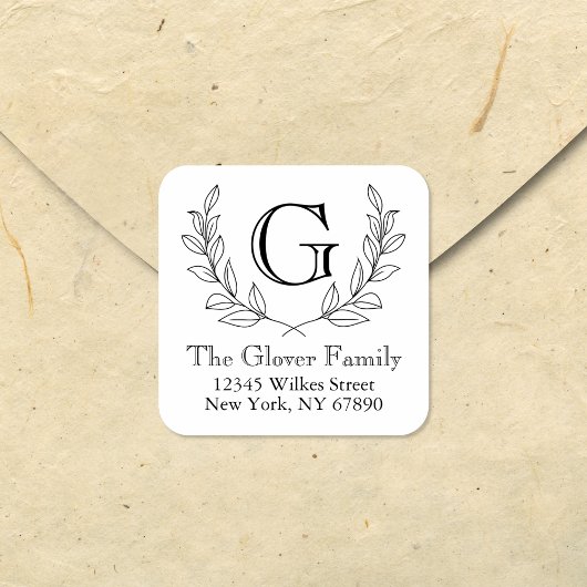 Monogramm-Adresse der Rustikal Minimalistisch Wrea Quadratischer Aufkleber