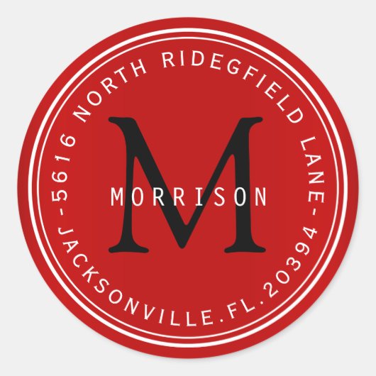 Monogramm-Adressenaufkleber in dunkelrot Runder Aufkleber (Vorderseite)