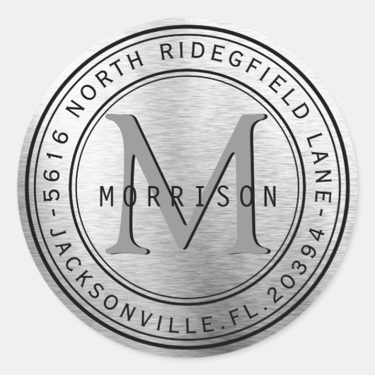 Monogramm-Adressenaufkleber in Silver Metal Runder Aufkleber (Vorderseite)