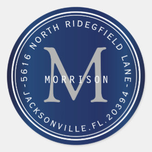 Monogramm-Adressetikett in Navy Blue Runder Aufkleber