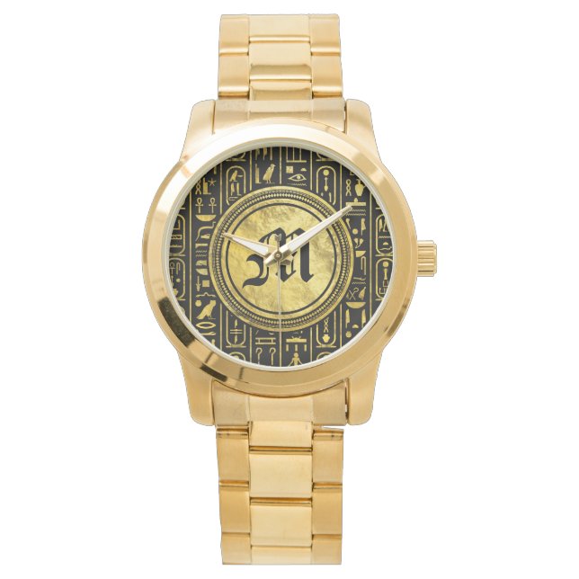 Monogramm Ägyptische antike Goldhierarchoglyphen Armbanduhr (Vorderseite)