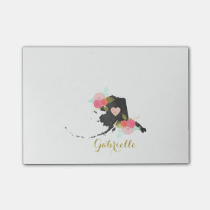 Monogramm Alaska State Wasserfarben-Blumen & Herz Post-it Klebezettel