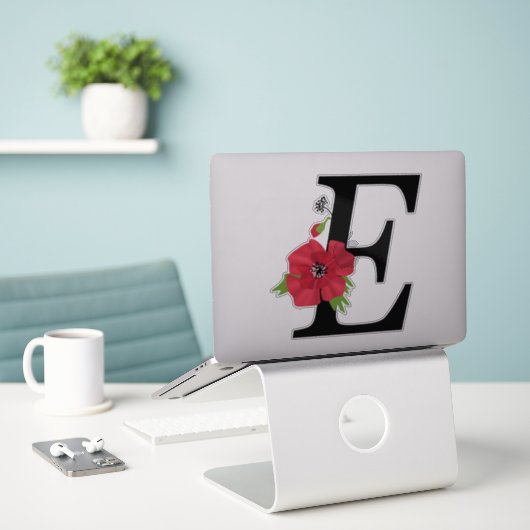 Monogramm, Alphabet, Buchstabe E, Floralmonogramm Aufkleber (Laptop auf Schreibtisch)